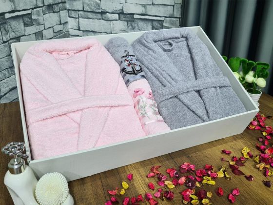 Family Embroidered Bathrobe Set 4 pcs, Bathrobe M-L, Towels 90x50 cm Cotton Pink Grey