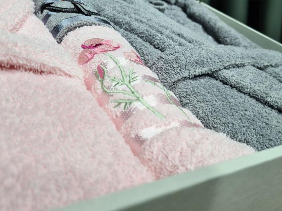 Family Embroidered Bathrobe Set 4 pcs, Bathrobe M-L, Towels 90x50 cm Cotton Pink Grey