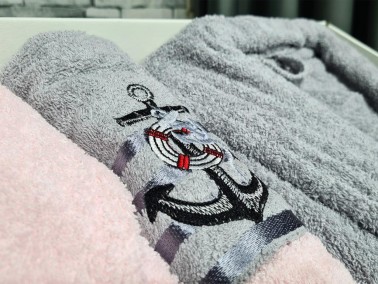 Family Embroidered Bathrobe Set 4 pcs, Bathrobe M-L, Towels 90x50 cm Cotton Pink Grey - Thumbnail