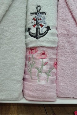 Family Embroidered Bathrobe Set 4 pcs, Bathrobe M-L, Towels 90x50 cm Cotton Pink White - Thumbnail