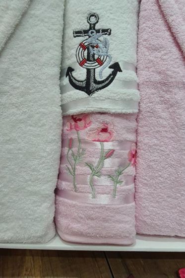Family Embroidered Bathrobe Set 4 pcs, Bathrobe M-L, Towels 90x50 cm Cotton Pink White