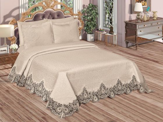 Farah Brocade Guipure Bedspread Set Beige