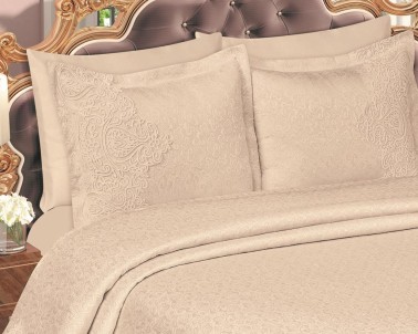 Farah Brocade Guipure Bedspread Set Beige - Thumbnail