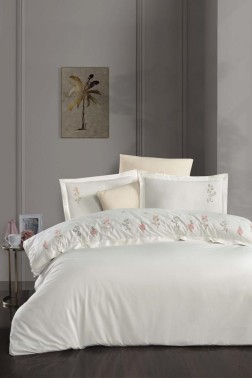 Felda Embroidered 100% Cotton Duvet Cover Set, Duvet Cover 200x220, Sheet 240x260, Double Size, Full Size Ecru - Thumbnail