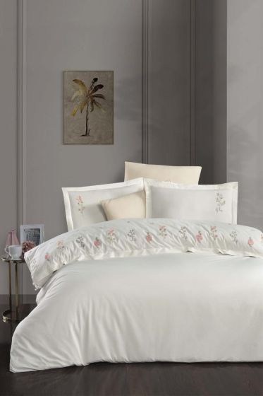 Felda Embroidered 100% Cotton Duvet Cover Set, Duvet Cover 200x220, Sheet 240x260, Double Size, Full Size Ecru
