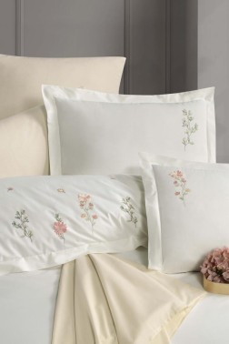 Felda Embroidered 100% Cotton Duvet Cover Set, Duvet Cover 200x220, Sheet 240x260, Double Size, Full Size Ecru - Thumbnail