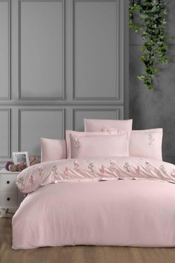 Felda Embroidered 100% Cotton Duvet Cover Set, Duvet Cover 200x220, Sheet 240x260, Double Size, Full Size Pink - Thumbnail