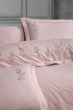 Felda Embroidered 100% Cotton Duvet Cover Set, Duvet Cover 200x220, Sheet 240x260, Double Size, Full Size Pink - Thumbnail
