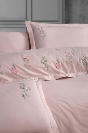 Felda Embroidered 100% Cotton Duvet Cover Set, Duvet Cover 200x220, Sheet 240x260, Double Size, Full Size Pink