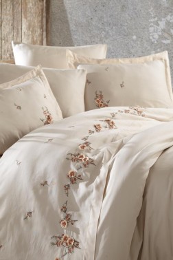 Felinda Embroidered 100% Cotton Sateen, Duvet Cover Set, Duvet Cover 200x220, Sheet 240x260, Double Size, Full Size Champagne - Thumbnail