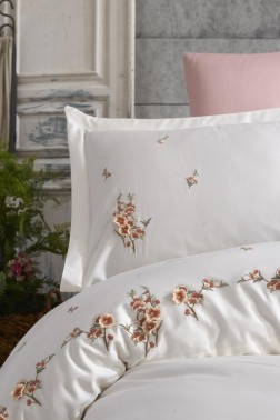 Felinda Embroidered 100% Cotton Sateen, Duvet Cover Set, Duvet Cover 200x220, Sheet 240x260, Double Size, Full Size Ecru - Thumbnail