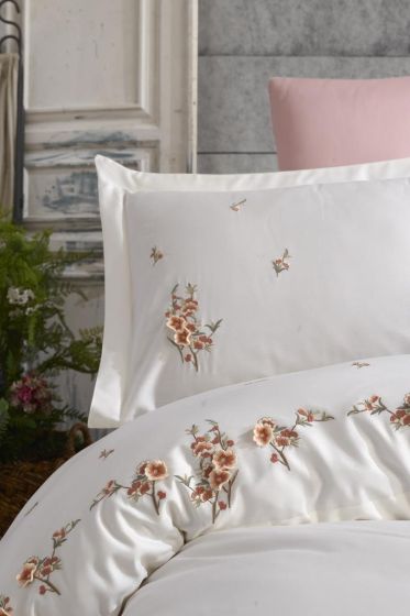 Felinda Embroidered 100% Cotton Sateen, Duvet Cover Set, Duvet Cover 200x220, Sheet 240x260, Double Size, Full Size Ecru