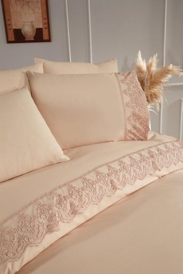 Fidan Duvet Cover Set 6pcs, Duvet Cover 200x220, Bedsheet 240x260 Cotton Fabric, Full Size, Double Size Cappucino