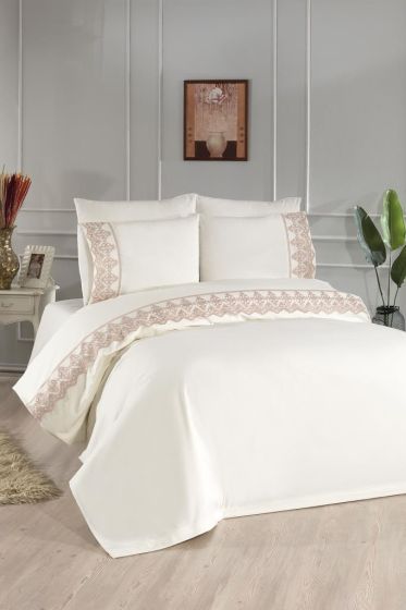 Fidan Duvet Cover Set 6pcs, Duvet Cover 200x220, Bedsheet 240x260 Cotton Fabric, Full Size, Double Size Cream Cappucino