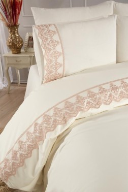 Fidan Duvet Cover Set 6pcs, Duvet Cover 200x220, Bedsheet 240x260 Cotton Fabric, Full Size, Double Size Cream Cappucino - Thumbnail