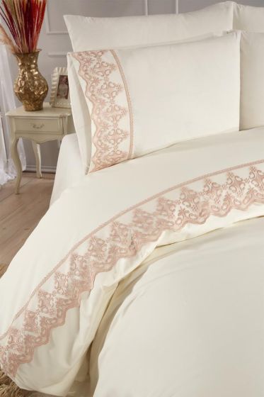 Fidan Duvet Cover Set 6pcs, Duvet Cover 200x220, Bedsheet 240x260 Cotton Fabric, Full Size, Double Size Cream Cappucino