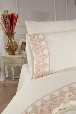 Fidan Duvet Cover Set 6pcs, Duvet Cover 200x220, Bedsheet 240x260 Cotton Fabric, Full Size, Double Size Cream Cappucino - Thumbnail