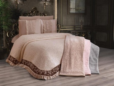 Firuze Bedding Set 6pcs, Blanket 230x240, Bedsheet 240x240, Pillowcase 50x70, Polyester, Beige - Thumbnail