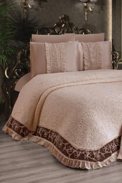 Firuze Bedding Set 6pcs, Blanket 230x240, Bedsheet 240x240, Pillowcase 50x70, Polyester, Beige - Thumbnail