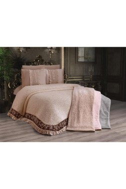 Firuze Bedding Set 6pcs, Blanket 230x240, Bedsheet 240x240, Pillowcase 50x70, Polyester, Beige - Thumbnail