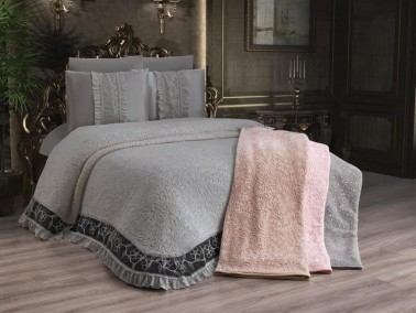 Firuze Bedding Set 6pcs, Blanket 230x240, Bedsheet 240x240, Pillowcase 50x70, Polyester, Gray - Thumbnail
