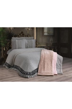 Firuze Bedding Set 6pcs, Blanket 230x240, Bedsheet 240x240, Pillowcase 50x70, Polyester, Gray - Thumbnail