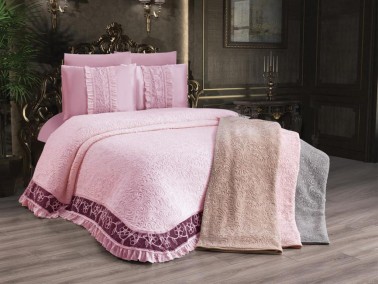 Firuze Bedding Set 6pcs, Blanket 230x240, Bedsheet 240x240, Pillowcase 50x70, Polyester, Powder - Thumbnail
