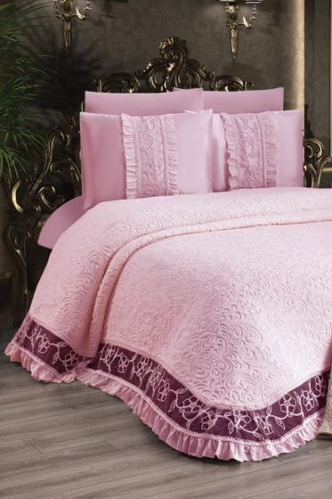 Firuze Bedding Set 6pcs, Blanket 230x240, Bedsheet 240x240, Pillowcase 50x70, Polyester, Powder