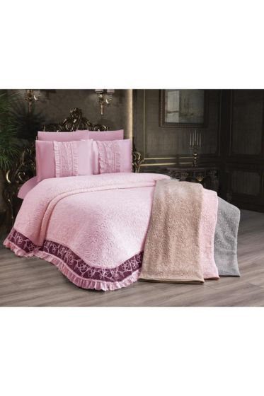 Firuze Bedding Set 6pcs, Blanket 230x240, Bedsheet 240x240, Pillowcase 50x70, Polyester, Powder