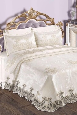 Firuze Bridal Set 7pcs, Coverlet 240x250, Sheet 240x260, Duvet Cover 200x220, Pillowcase 50x70, Double Size, Cream - Thumbnail