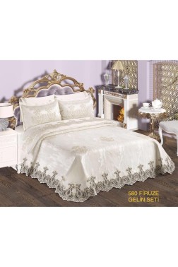 Firuze Bridal Set 7pcs, Coverlet 240x250, Sheet 240x260, Duvet Cover 200x220, Pillowcase 50x70, Double Size, Cream - Thumbnail