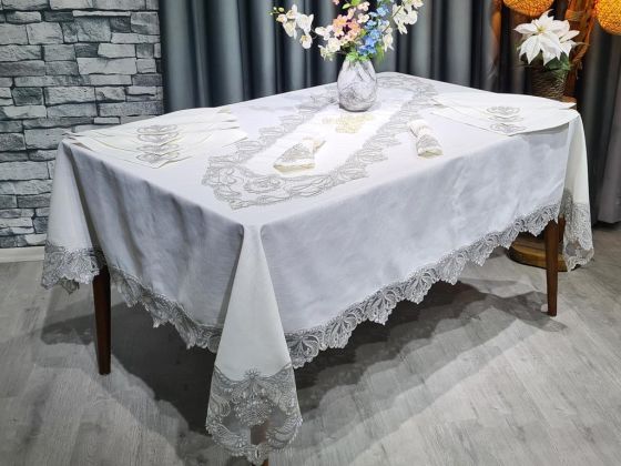 Firuze Dinner Set 26pcs, Table Cloth Rectangle 160x220, Runner 160x40, Napkins 35x35, Linen, Cream