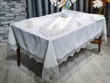 Firuze Dinner Set 26pcs, Table Cloth Rectangle 160x220, Runner 160x40, Napkins 35x35, Linen, Cream - Thumbnail