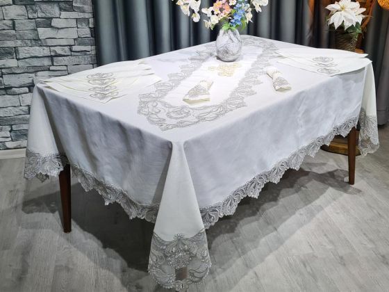 Firuze Dinner Set 26pcs, Table Cloth Rectangle 160x220, Runner 160x40, Napkins 35x35, Linen, Cream