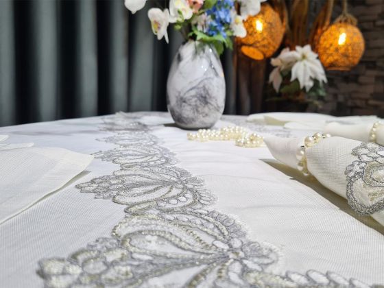 Firuze Dinner Set 26pcs, Table Cloth Rectangle 160x220, Runner 160x40, Napkins 35x35, Linen, Cream