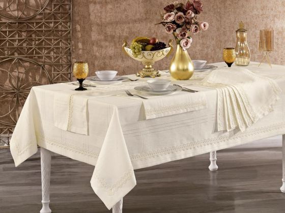 Scalloped Asel Linen Placemat Table Cloth Set 14 Pcs.