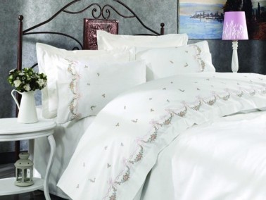Çeyiz Diyarı - Fiyonk Embroidered Duvet Cover Set Cream-Powder