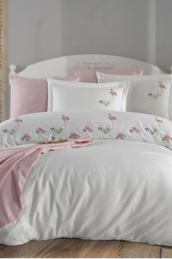 Çeyiz Diyarı - Flamingo Embroidered 100% Cotton Sateen, Duvet Cover Set, Duvet Cover 200x220, Sheet 240x260, Double Size, Full Size Ecru