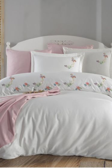 Flamingo Embroidered 100% Cotton Sateen, Duvet Cover Set, Duvet Cover 200x220, Sheet 240x260, Double Size, Full Size Ecru