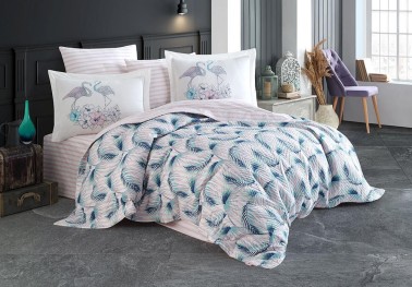 Florina Double Quilted Duvet Cover Set Turquoise - Thumbnail