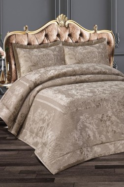 Florita Quilted Jacquard Velvet Bedspread Set, Coverlet 270x270 with Pillowcase, Full Size Bed, Double Size Coverlet, Cappucino - Thumbnail