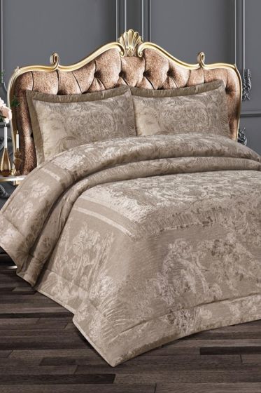 Florita Quilted Jacquard Velvet Bedspread Set, Coverlet 270x270 with Pillowcase, Full Size Bed, Double Size Coverlet, Cappucino