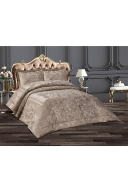 Florita Quilted Jacquard Velvet Bedspread Set, Coverlet 270x270 with Pillowcase, Full Size Bed, Double Size Coverlet, Cappucino - Thumbnail