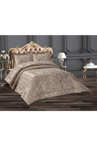 Florita Quilted Jacquard Velvet Bedspread Set, Coverlet 270x270 with Pillowcase, Full Size Bed, Double Size Coverlet, Cappucino
