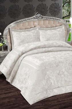 Florita Quilted Jacquard Velvet Bedspread Set, Coverlet 270x270 with Pillowcase, Full Size Bed, Double Size Coverlet, Cream - Thumbnail