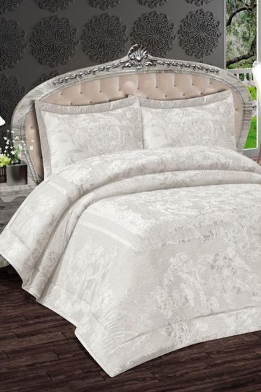 Florita Quilted Jacquard Velvet Bedspread Set, Coverlet 270x270 with Pillowcase, Full Size Bed, Double Size Coverlet, Cream