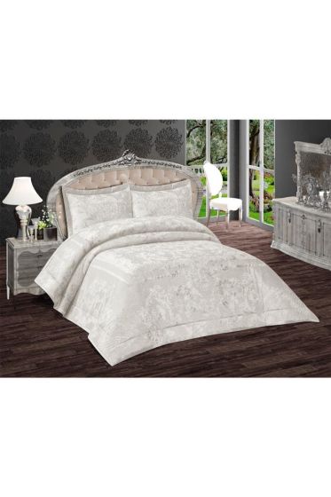 Florita Quilted Jacquard Velvet Bedspread Set, Coverlet 270x270 with Pillowcase, Full Size Bed, Double Size Coverlet, Cream