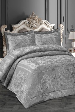 Florita Quilted Jacquard Velvet Bedspread Set, Coverlet 270x270 with Pillowcase, Full Size Bed, Double Size Coverlet, Gray - Thumbnail