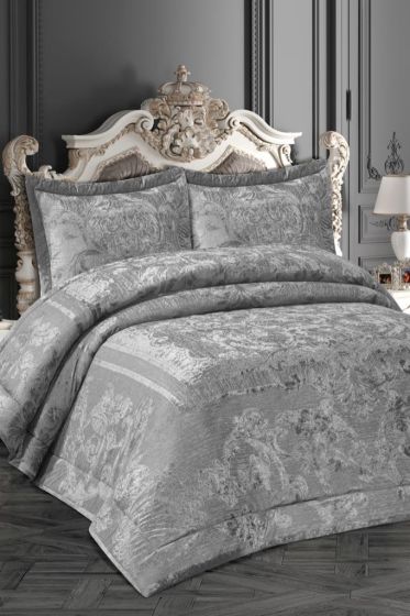 Florita Quilted Jacquard Velvet Bedspread Set, Coverlet 270x270 with Pillowcase, Full Size Bed, Double Size Coverlet, Gray