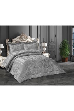 Florita Quilted Jacquard Velvet Bedspread Set, Coverlet 270x270 with Pillowcase, Full Size Bed, Double Size Coverlet, Gray - Thumbnail